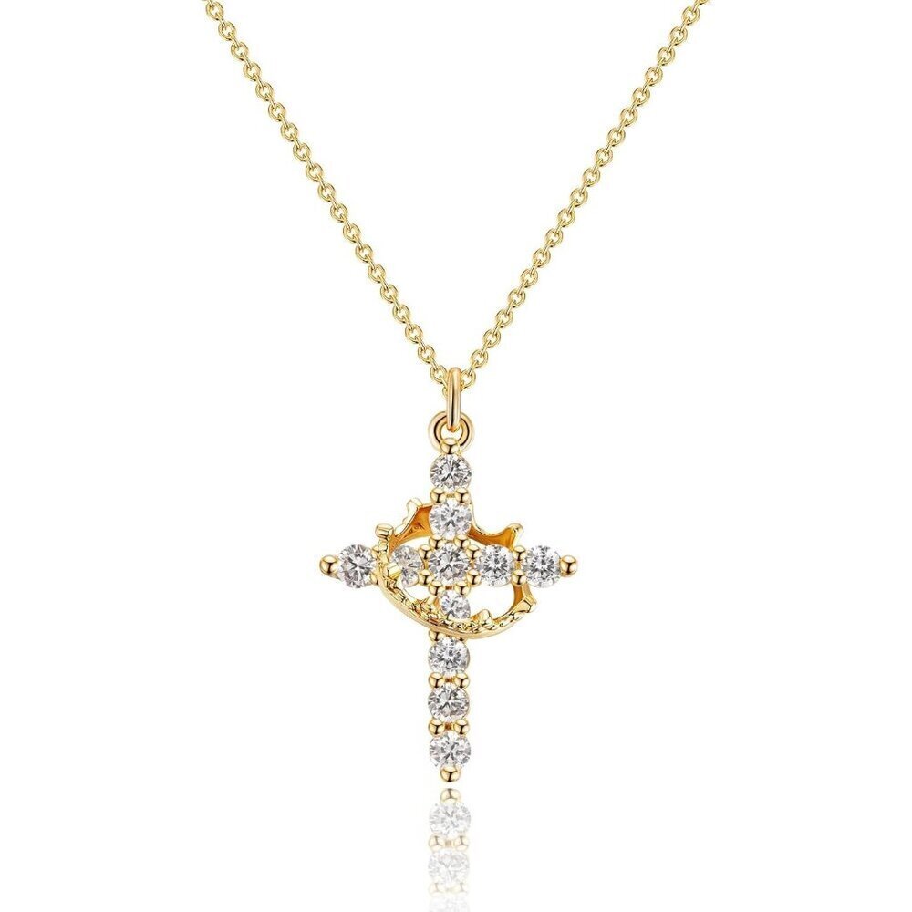 Perfect Gifts Women's Crown M04 Diamond Cross Necklace Gold Plated Faith Jewelry